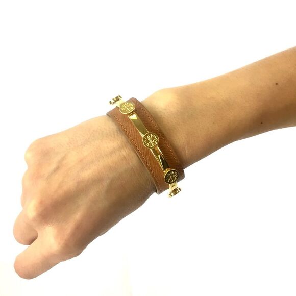 Tory Burch Tan T Saffiano leather Logo Cuff​ - Picture 1 of 6